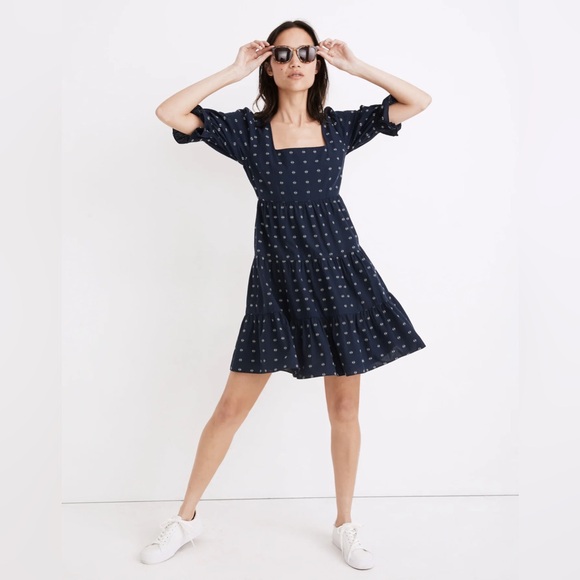 Madewell Square-Neck Puff-Sleeve Babydoll Dress Navy White 4 - Picture 1 of 12